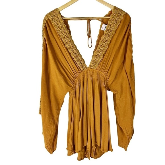 Selfie Leslie Mustard Yellow Lace Romper Boho Bohemian - Picture 1 of 5